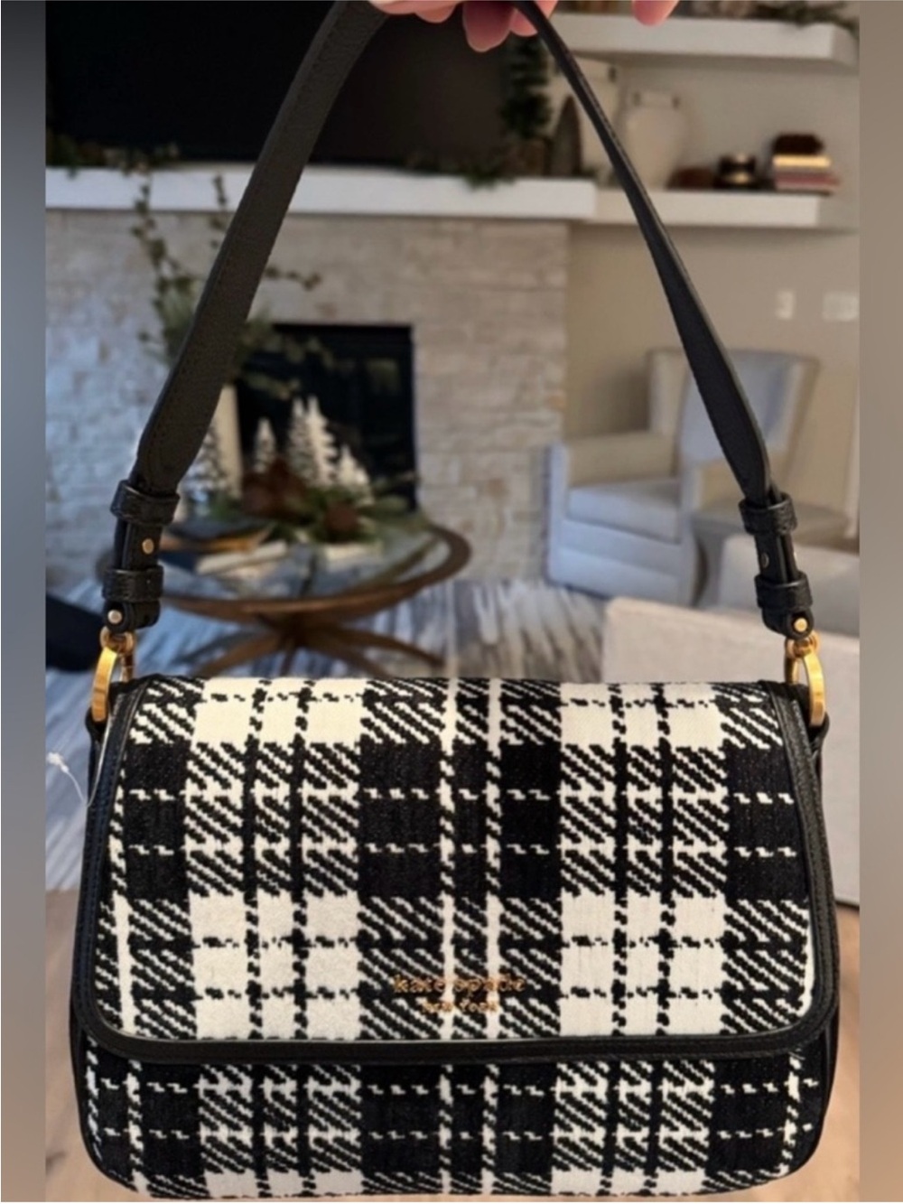 Kate Spade Plaid Jacquard with Black Pebbled Leather Trim.